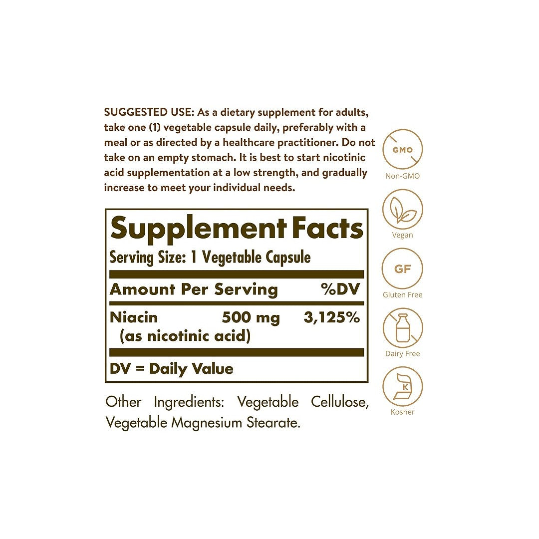Um rótulo de Solgar que mostra os ingredientes de Niacin Vitamin B3 500 mg 100 Vegetable Capsules, um suplemento que promove a saúde cardiovascular.
