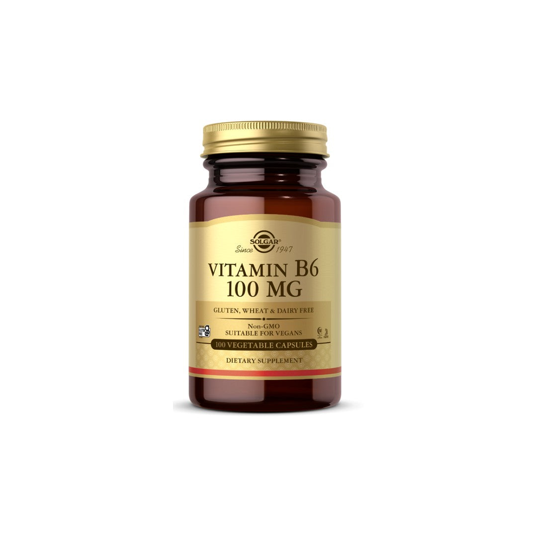 A bottle of Solgar Vitamin B6 100 mg 100 vegetable capsules with 100mg of Pyridoxine.