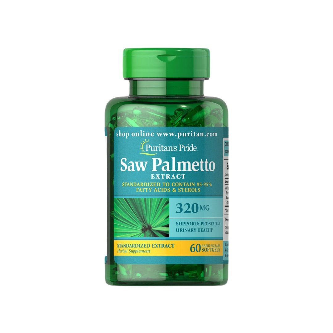 Saw Palmetto 320 mg 60 Rapid Release Softgels da Puritan's Pride para melhorar a saúde da próstata e o fluxo do trato urinário.