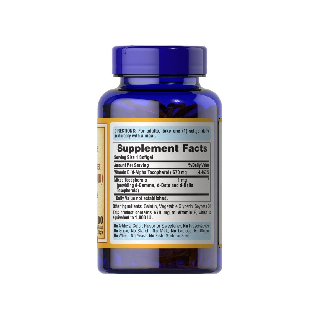 Um frasco de Vitamin E 1000 IU Mixed Tocopherols 100 Rapid Release Softgels da Puritan's Pride , que fornece apoio antioxidante contra os danos causados pelos radicais livres.