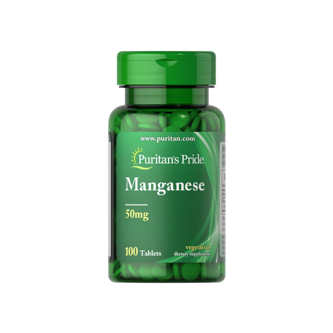 Um frasco de Puritan's Pride Manganese 50 mg 100 tabs.