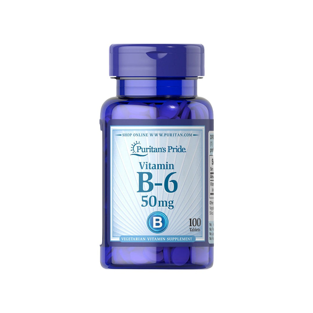 Vitamina B-6 Piridoxina 50 mg - 5 cápsulas para saúde cardiovascular e metabolismo energético, por Puritan's Pride .