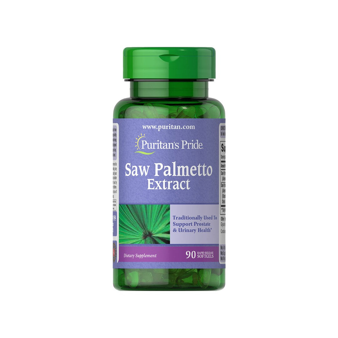 Um frasco de Saw Palmetto Extract 1000 mg 90 Softgels, benéfico para a saúde da próstata e para a função urinária em Puritan's Pride.