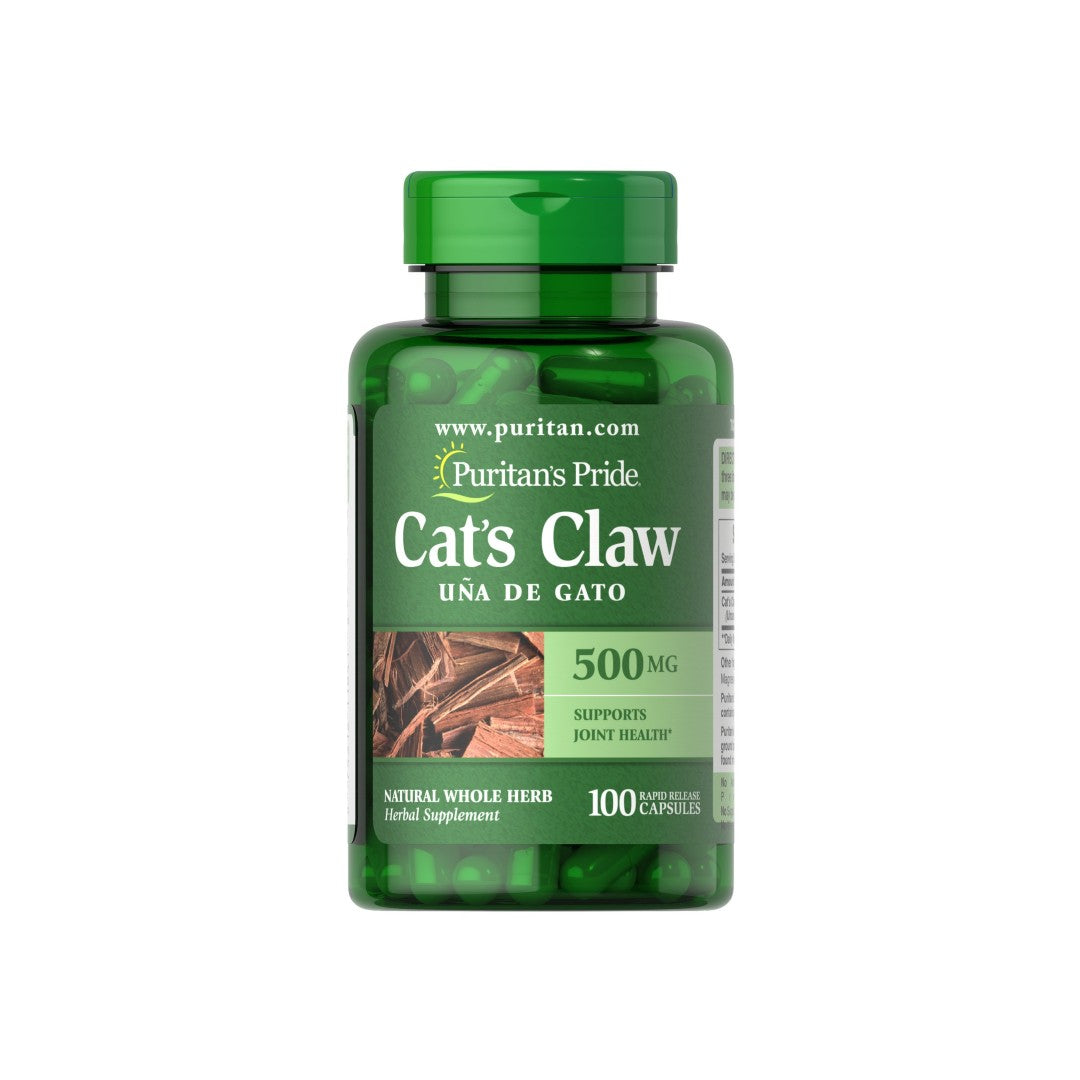 Um frasco de Puritan's Pride Cats Claw - 500 mg 100 cápsulas.