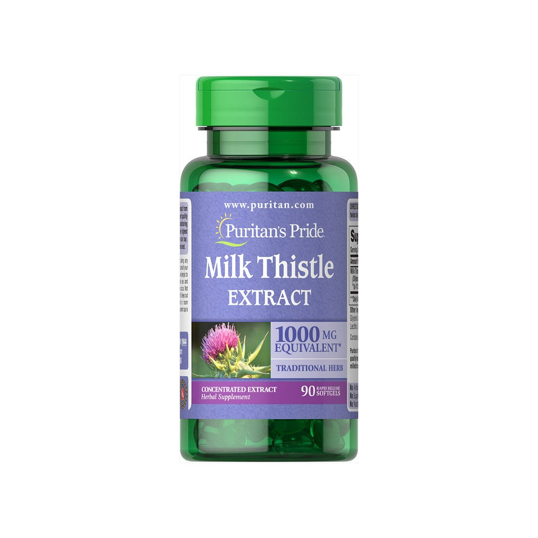 Um frasco de Puritan's Pride Milk Thistle 1000 mg 4:1 extract Silymarin 90 Rapid Release Softgels.