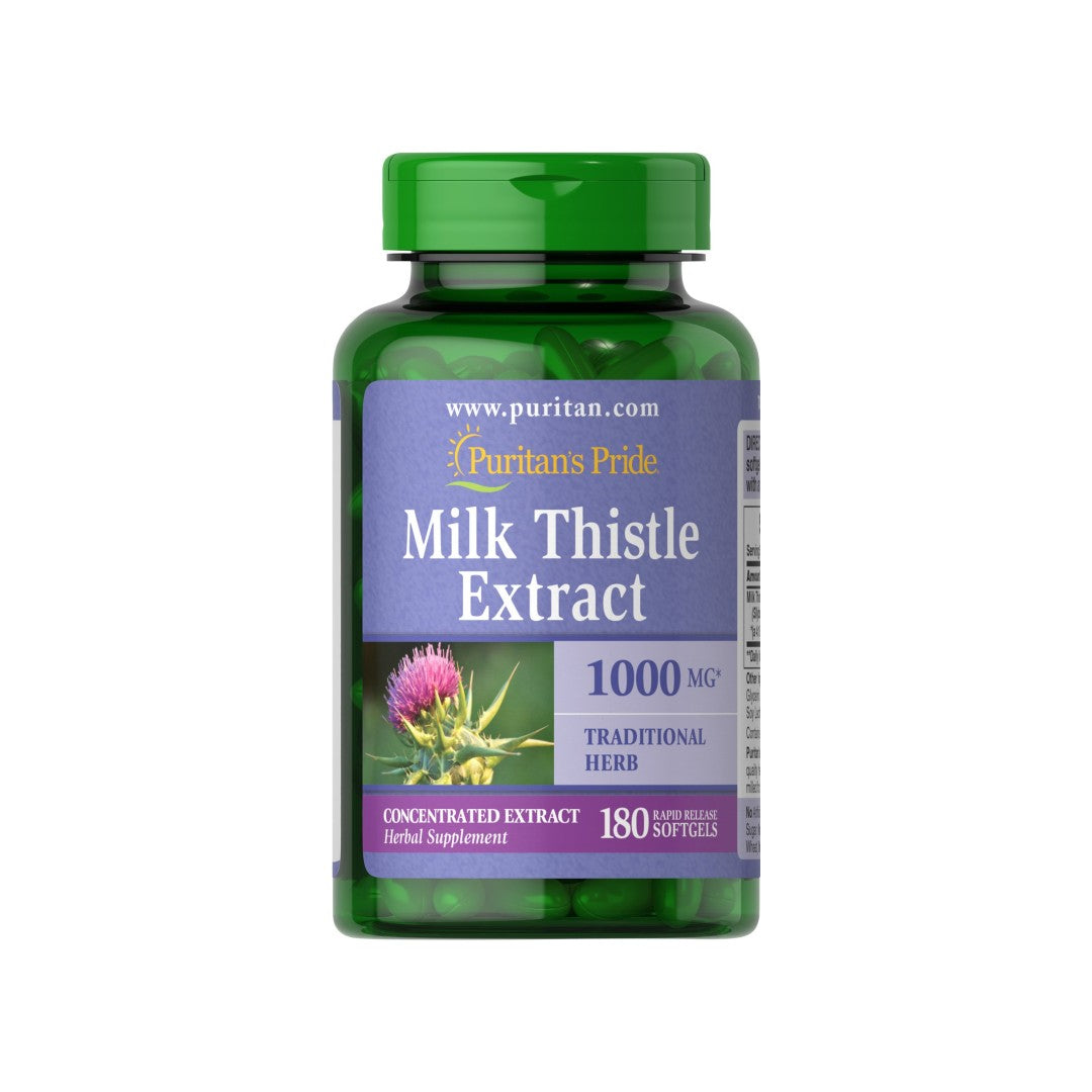 Um frasco de Puritan's Pride Milk Thistle 1000 mg 4:1 extract Silymarin 180 Rapid Release Softgels.
