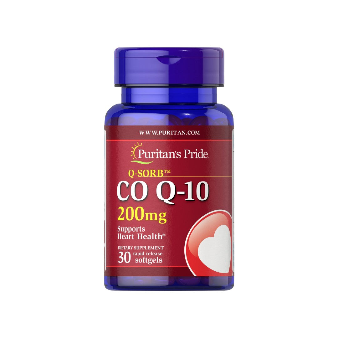 Um frasco de Coenzima Q10 - 200 mg 60 cápsulas moles de libertação rápida Q-SORB™ Puritan's Pride.