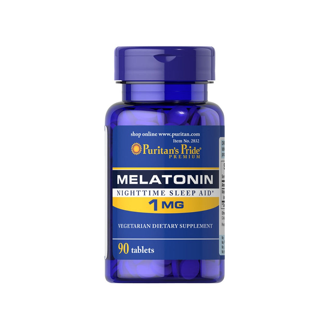 O frasco de Puritan's Pride Melatonin 1 mg 90 Tablets.