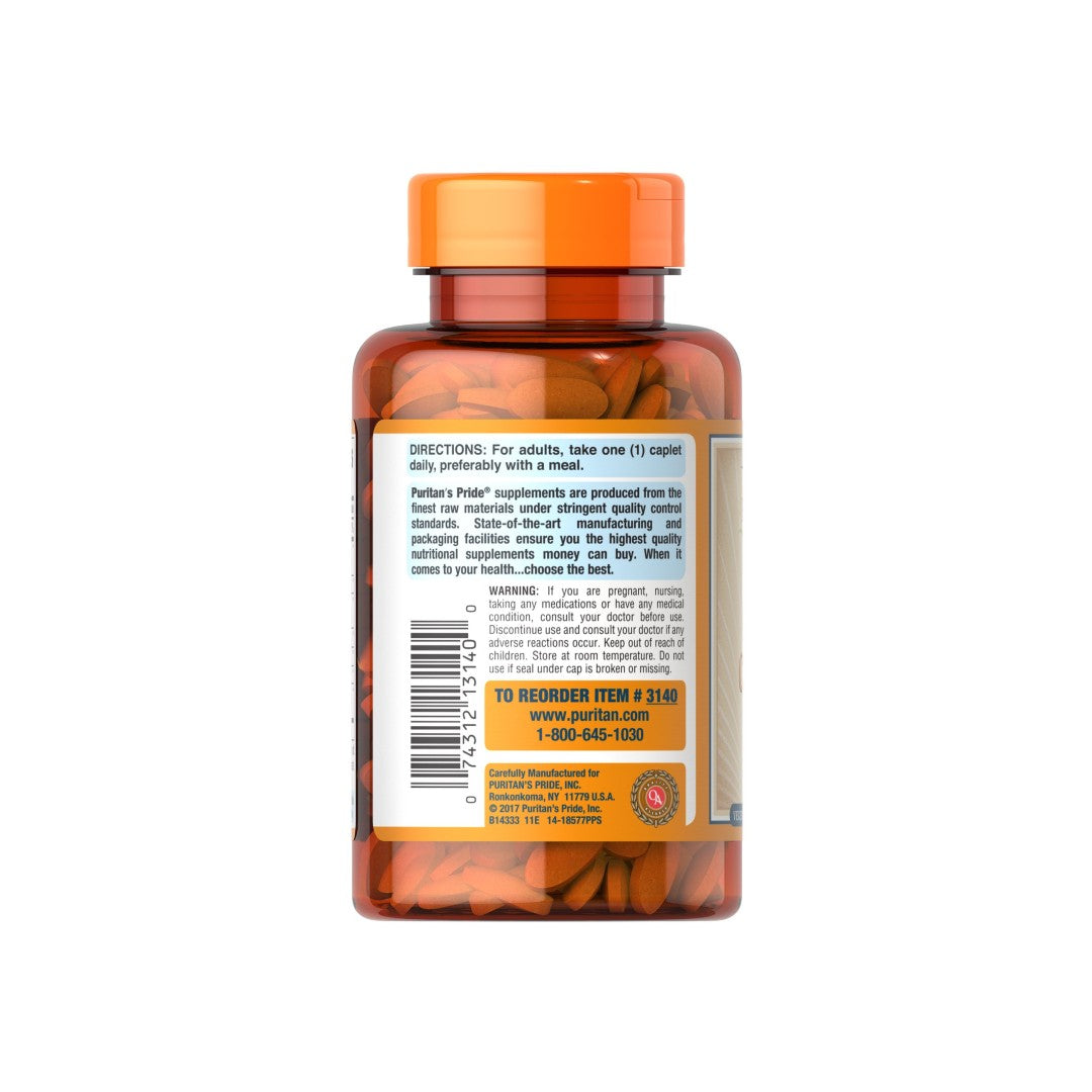 The back of a bottle of Puritan's Pride Vitamin C-1000 Complex 100 coated caplets, an essential antioxidant for supporting the immune system.