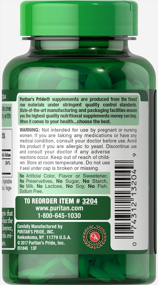 A parte de trás de um frasco de Puritan's Pride Selenium 200 mcg 200 softgel, que promove a função da tiroide e a saúde do sistema imunitário com antioxidantes.