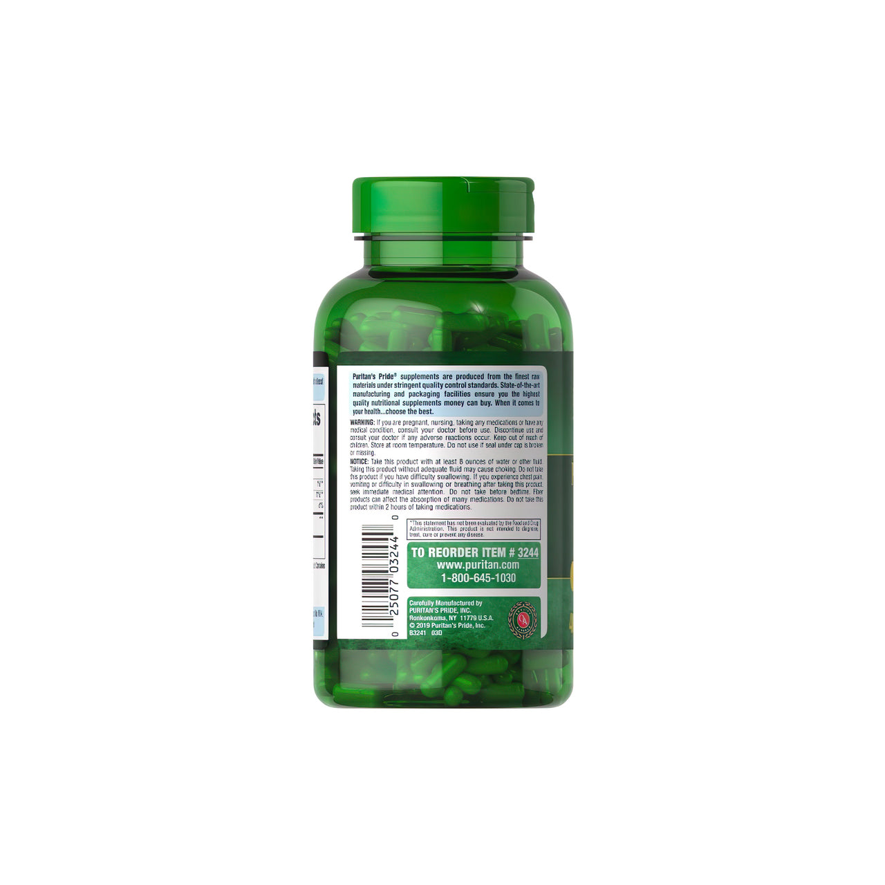 Um frasco de Psyllium Husks 500 mg 400 Rapid Release Capsules da Puritan's Pride com benefícios para a saúde digestiva e do cólon sobre um fundo branco.