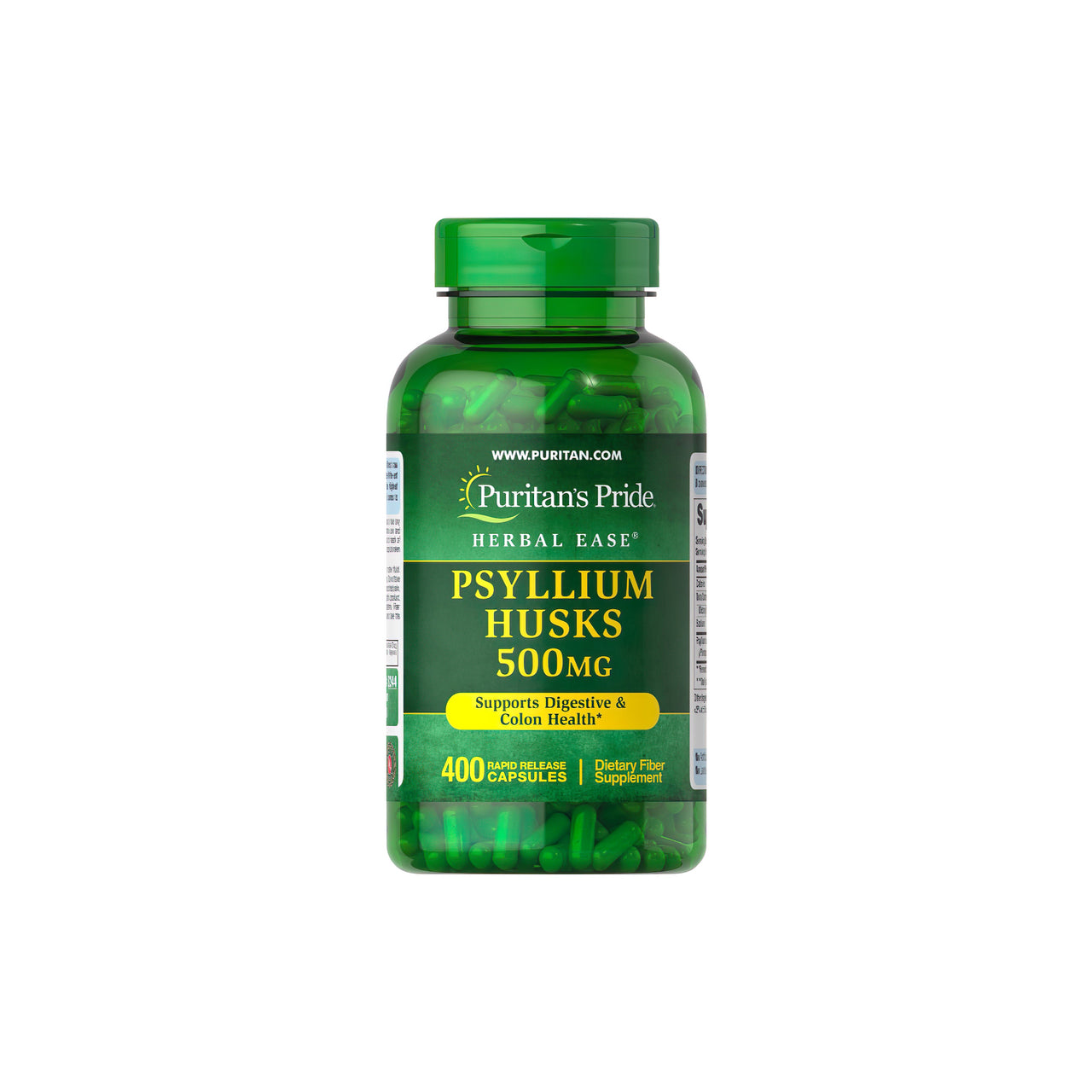 Um frasco de Puritan's Pride Psyllium Husks 500 mg 400 Rapid Release Capsules, conhecido pelo seu teor de fibra solúvel que apoia a saúde digestiva e do cólon.