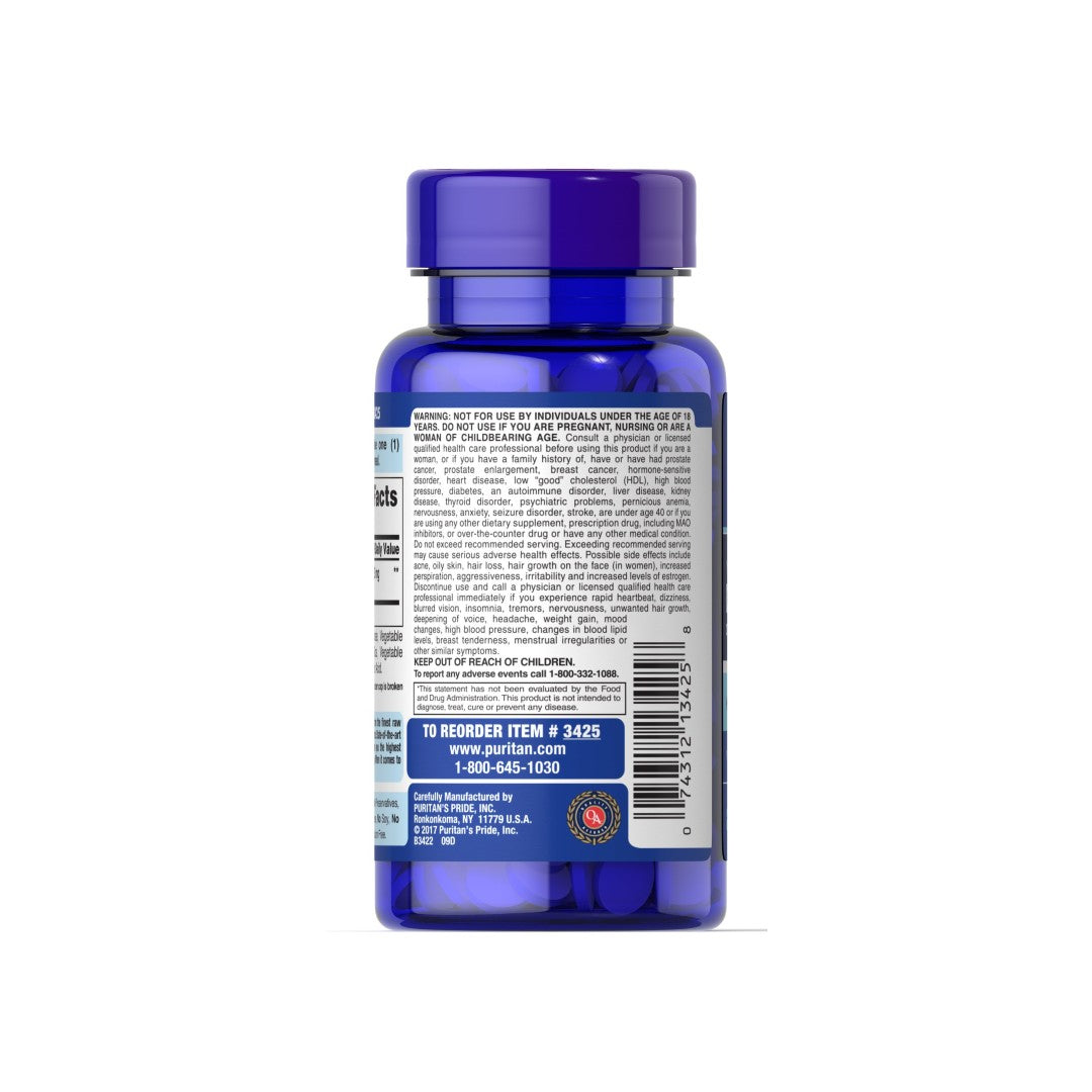 A parte de trás de um frasco azul com um rótulo de DHEA - 25 mg 250 tabs by Puritan's Pride.