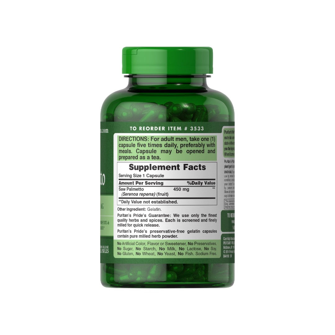 Um frasco de extrato de chá verde, fortificado com Puritan's Pride Saw Palmetto 450 mg 200 cápsulas de libertação rápida para a saúde da próstata e para melhorar a função urinária.