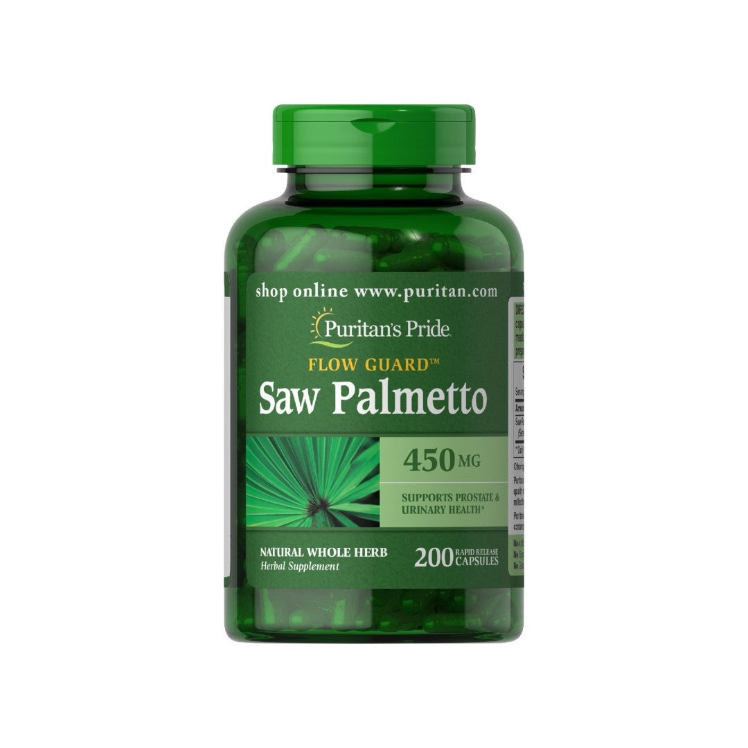 Um frasco de Puritan's Pride Saw Palmetto 450 mg 200 Rapid Release Capsules, que promove a função urinária e a saúde da próstata.