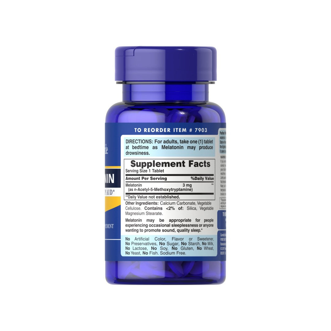 Um frasco de suplemento de Melatonina 3 mg 120 Tablets da Puritan's Pride.