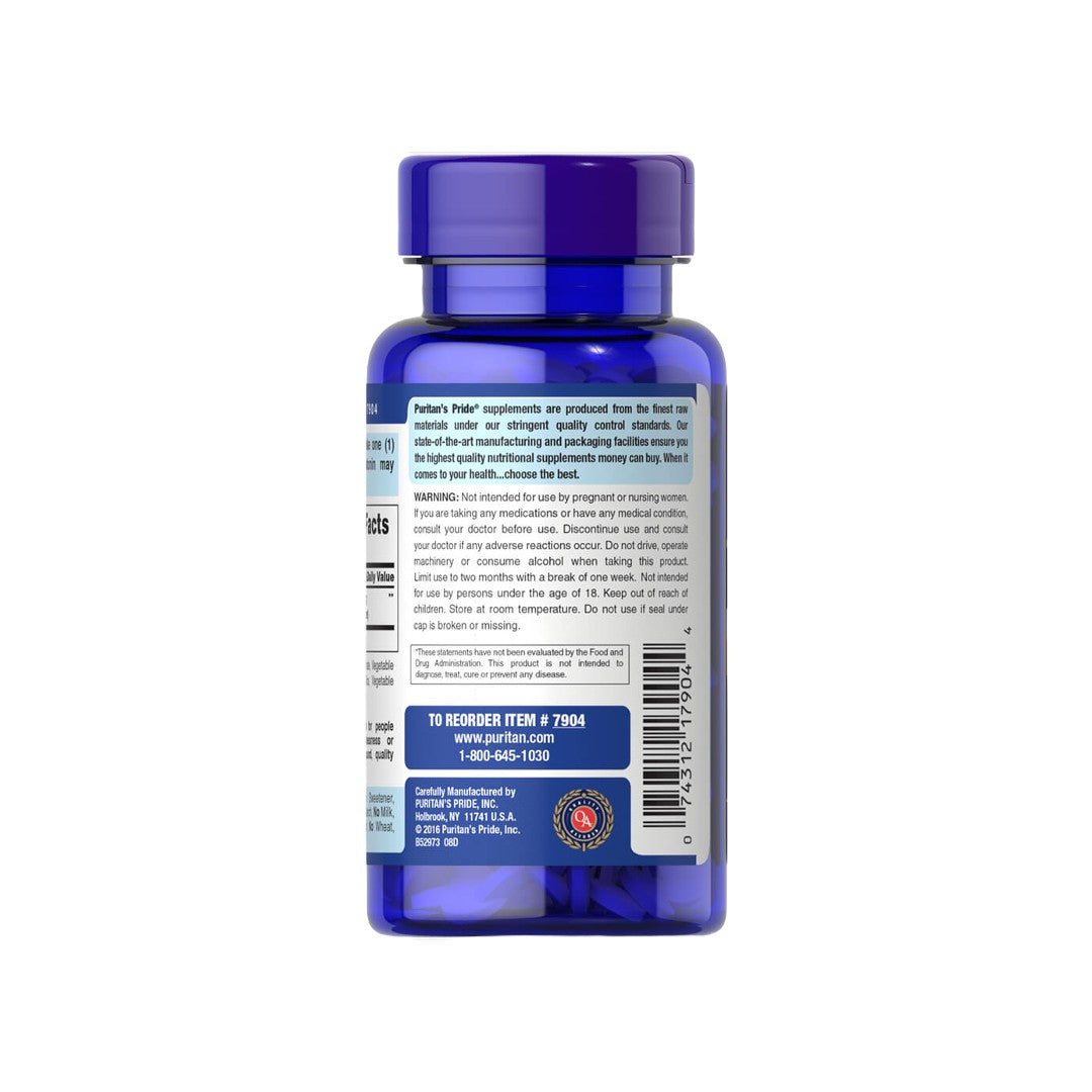 A parte de trás de um frasco azul de Melatonin 3 mg 240 Tablets by Puritan's Pride.