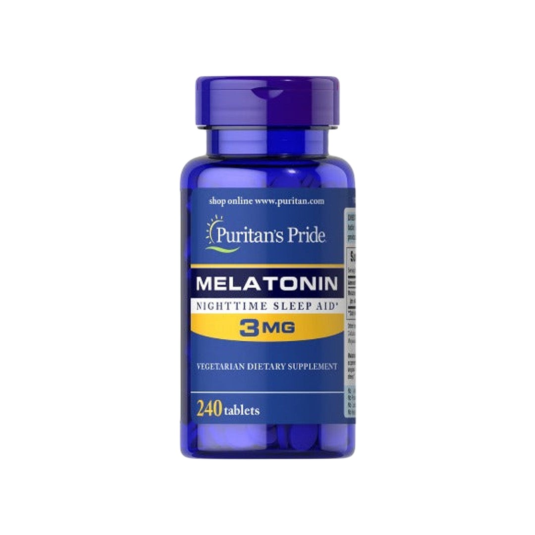Um frasco de Puritan's Pride Melatonina 3 mg 240 Comprimidos.