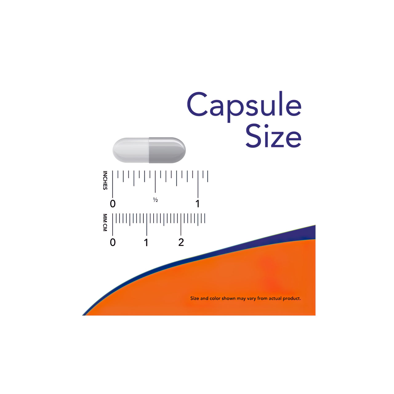 Um rótulo laranja e azul com as palavras "capsule size" (tamanho de cápsula) a promover Now Foods N-Acetyl Cysteine 600mg 100 veg caps.