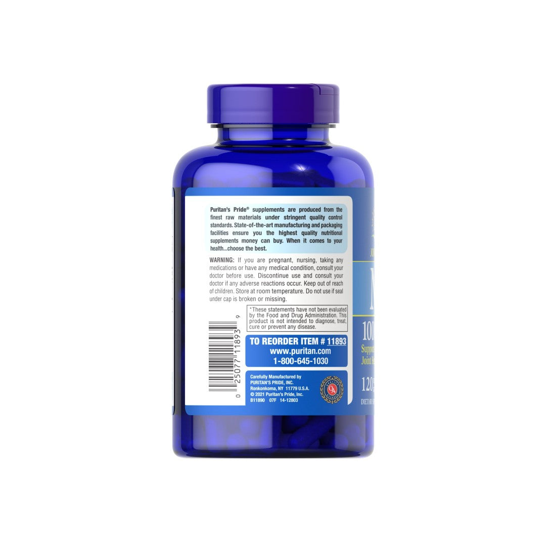 A parte de trás de um frasco de Puritan's Pride MSM 1000 mg 120 Rapid Release Capsules, concebido para apoiar a saúde do tecido conjuntivo e das articulações. Reforçado com MSM para maiores benefícios.