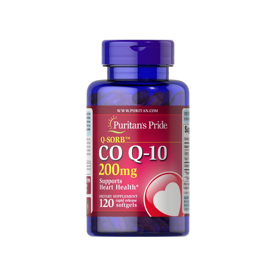 Um frasco de Coenzima Q10 Rapid Release 200 mg 120 Sgel Q-SORB™ da Puritan's Pride.