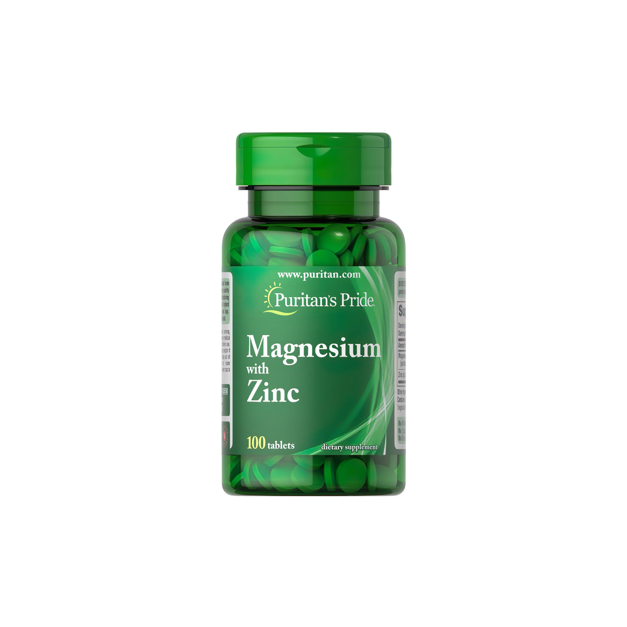 Um frasco de Puritan's Pride Magnesium with zinc 100 tablets.