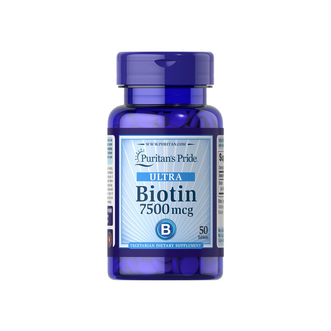 Um frasco de suplemento alimentar de Biotina - 7,5 mg 100 comprimidos da Puritan's Pride.