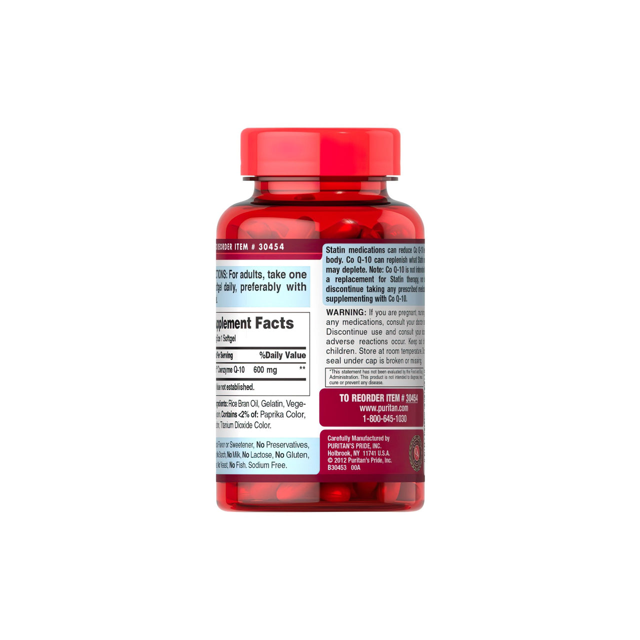 Um frasco de Coenzima Q10 600 mg 60 cápsulas moles de libertação rápida Q-SORB™ com um rótulo vermelho da Puritan's Pride.