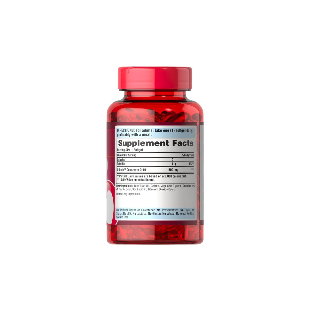Um frasco de Coenzima Q10 600 mg 60 cápsulas moles de libertação rápida Q-SORB™ da Puritan's Pride sobre um fundo branco.