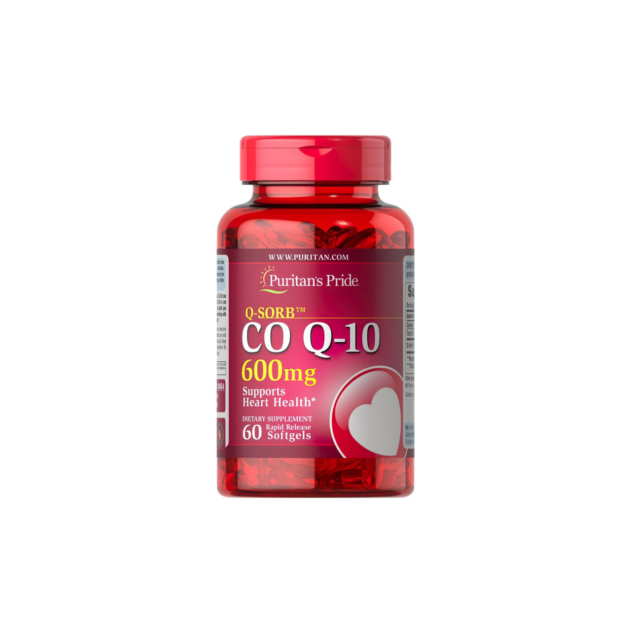 Um frasco de Coenzima Q10 600 mg 60 cápsulas moles de libertação rápida Q-SORB™ com um coração vermelho. (Marca: Puritan's Pride)