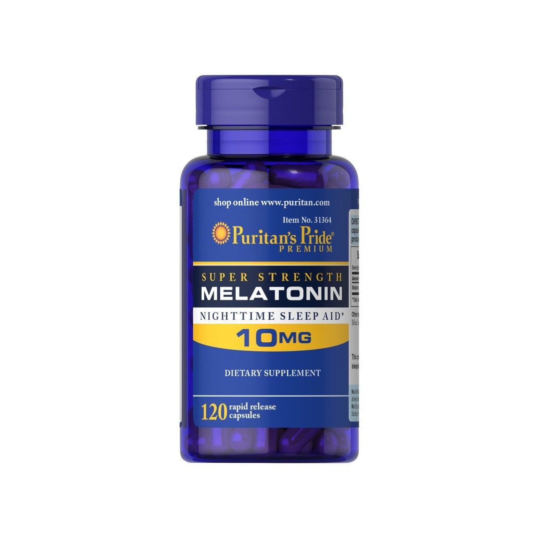 Um frasco de Puritan's Pride Melatonin 10 mg 120 capsules.