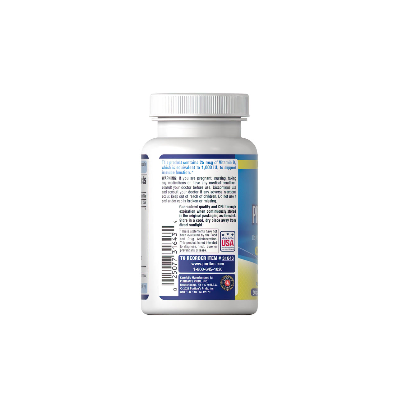 Um frasco de Probiotic 10 Plus Vitamin D3 1000 IU 60 caps, um poderoso reforço imunitário, sobre um fundo branco. (Nome da marca: Puritan's Pride)