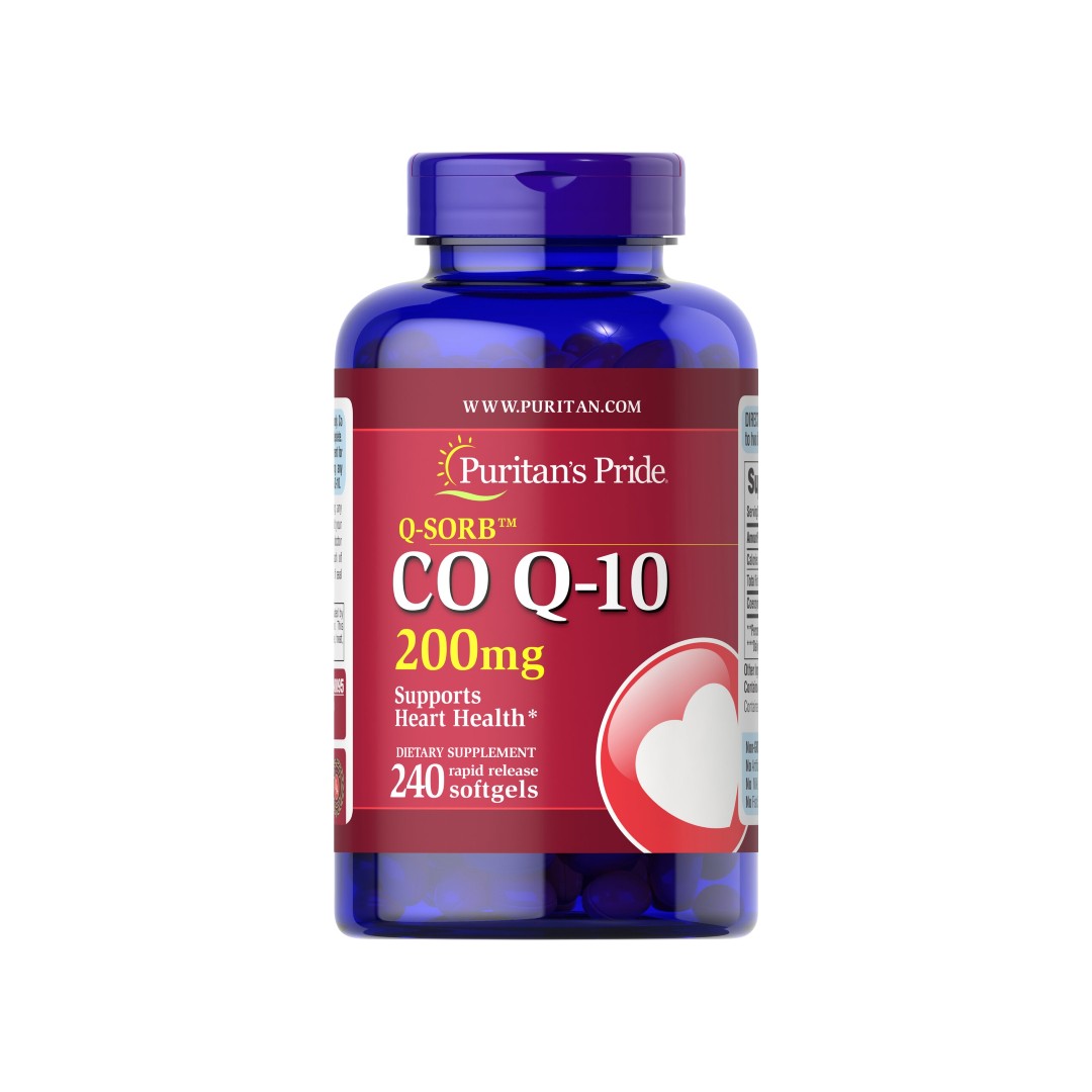 Um frasco de Coenzima Q10 - 200 mg 240 cápsulas moles de libertação rápida Q-SORB de Puritan's Pride.