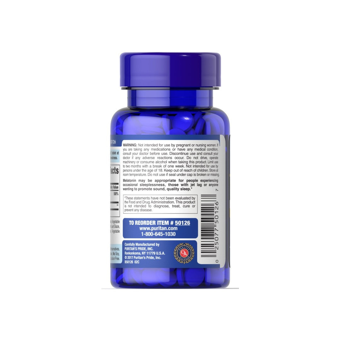 A parte de trás de um frasco azul de Puritan's Pride Melatonin 5 mg with B-6 120 Tablets Timed Release.
