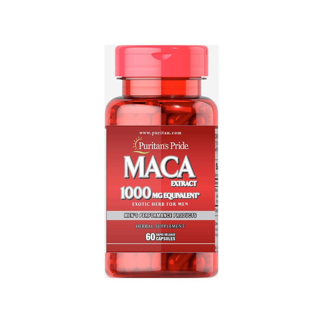 Um frasco de Puritan's Pride Maca 1000 mg 60 cápsulas de libertação rápida.