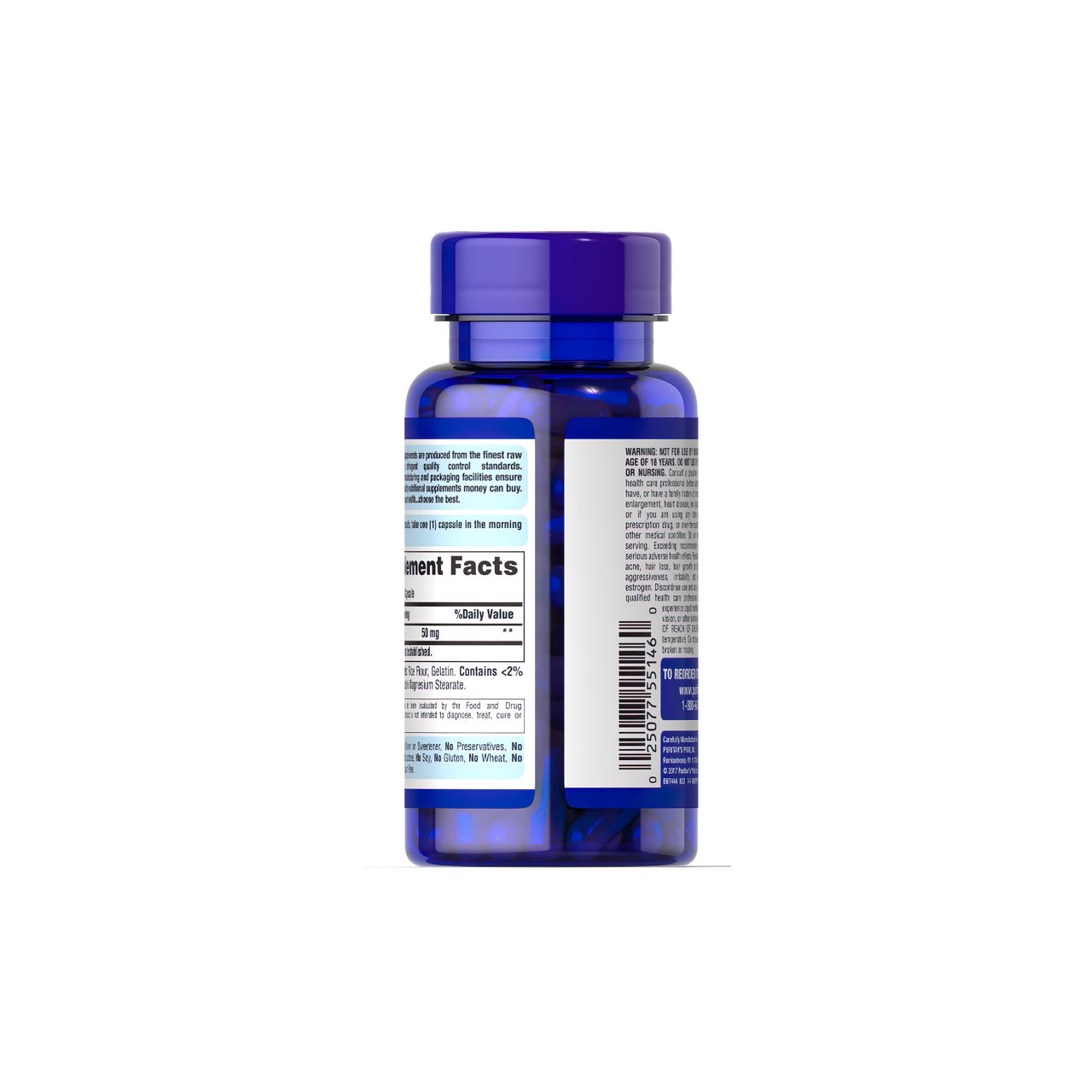 Um frasco de Puritan's Pride Pregnenolone 50 mg 90 Rapid Release Capsules para um regime de envelhecimento saudável sobre um fundo branco.