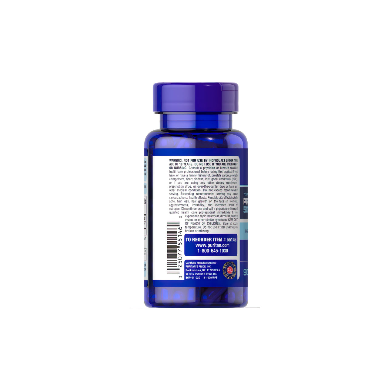 A parte de trás de um frasco azul com um rótulo com as palavras-chave "envelhecimento saudável" e "regime de envelhecimento" é o Pregnenolone 50 mg 90 Rapid Release Capsules da Puritan's Pride.