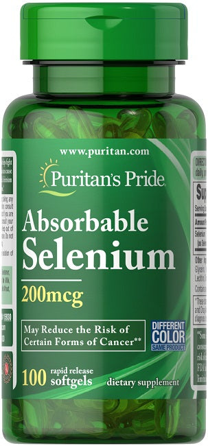 Um frasco de Puritan's Pride Absorbable Selenium 200 mcg 100 Rapid Release Softgels.