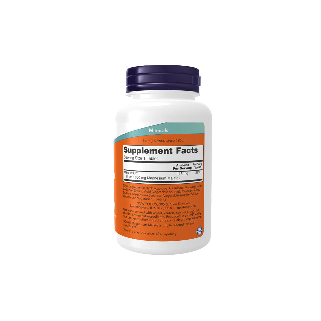 Um frasco do suplemento Now Foods Magnesium Malate 1000 mg 180 tablets sobre um fundo branco.