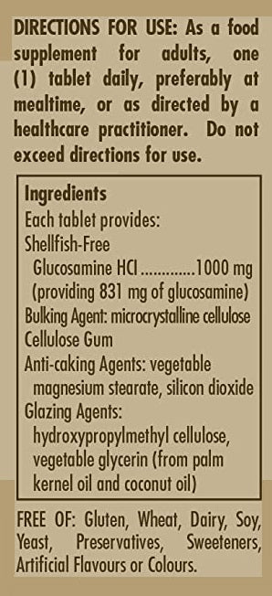 Um rótulo para o Cloridrato de Glucosamina 1000 mg 60 comprimidos da Solgar que contém uma lista de ingredientes.