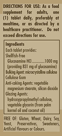 Miniatura de um rótulo do cloridrato de glucosamina 1000 mg 60 comprimidos da Solgar que contém uma lista de ingredientes.