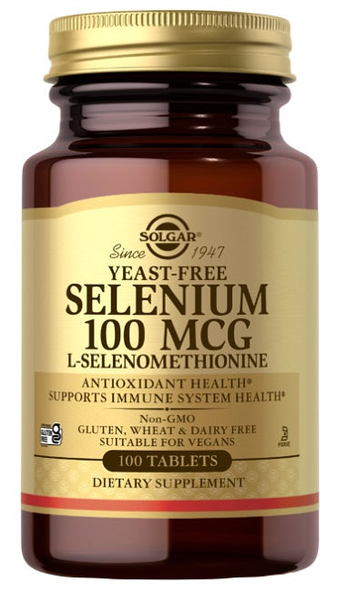 Um frasco de Solgar Selénio 100 mcg 100 comprimidos L-Selenometionina, que actua como um antioxidante para o funcionamento do sistema imunitário e ajuda a combater o stress.