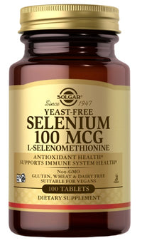 Thumbnail para Um frasco de Solgar Selénio 100 mcg 100 comprimidos L-Selenometionina, que actua como antioxidante para o funcionamento do sistema imunitário e ajuda a combater o stress.