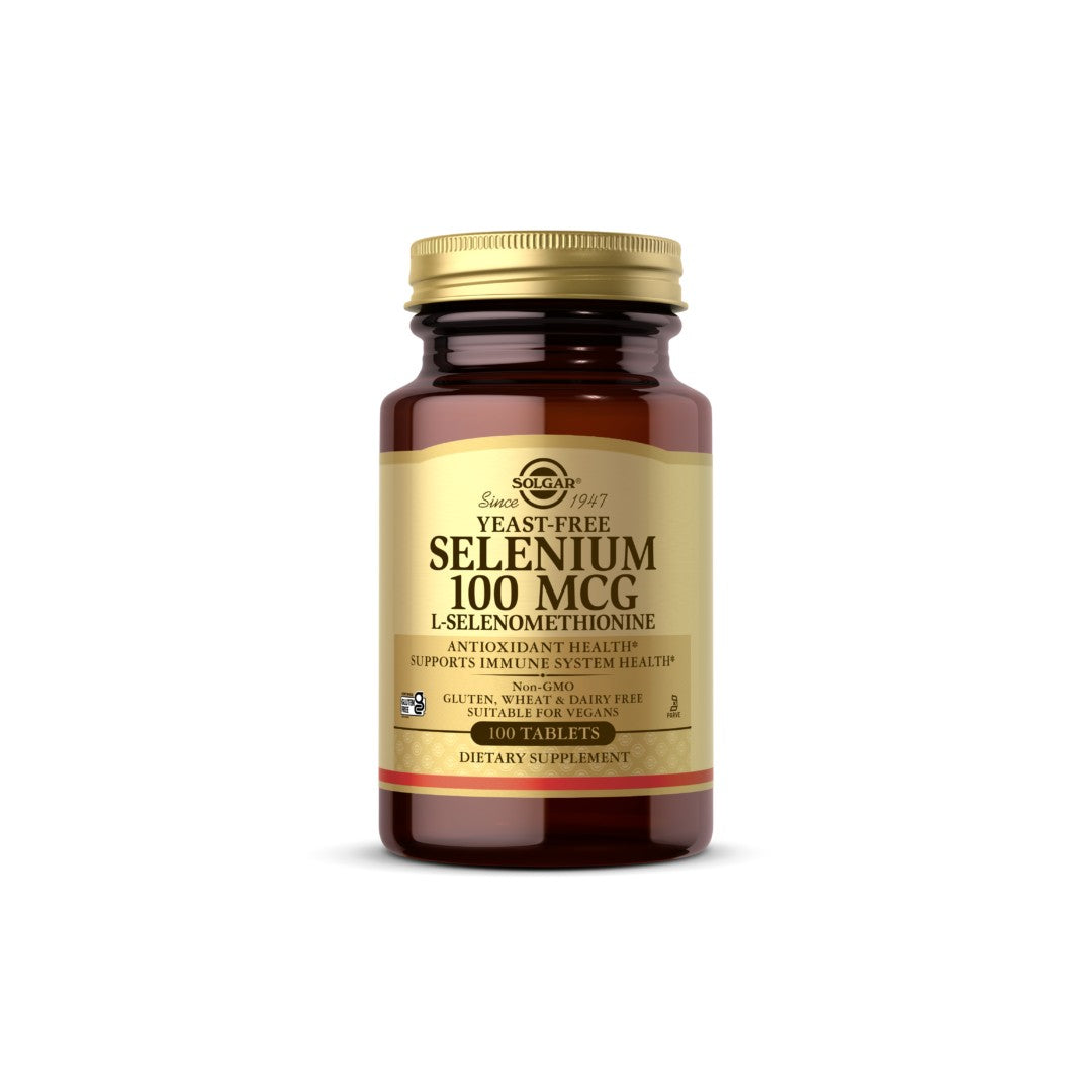 Um frasco de Solgar Selenium 100 mcg 100 comprimidos L-Selenomethionine, um antioxidante que reforça o sistema imunitário.