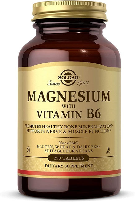 Um frasco de Solgar Magnesium with Vitamin B6 250 Tablets.