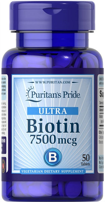 Puritan's Pride Biotin 7,5 mg - um suplemento alimentar em forma de comprimido com 50 comprimidos.