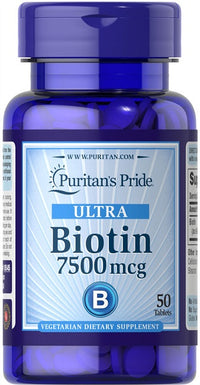 Miniatura de Puritan's Pride Biotin 7,5 mg - um suplemento alimentar em forma de comprimido com 50 comprimidos.