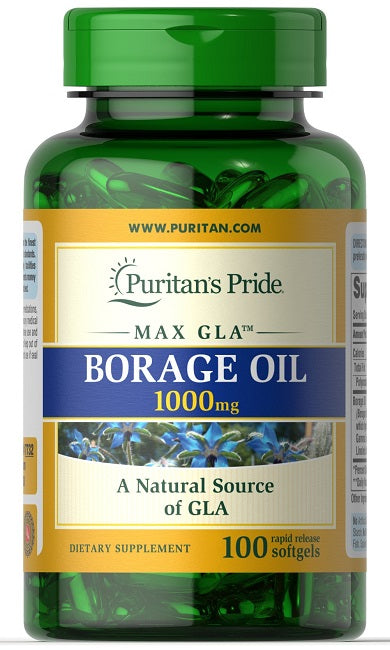Puritan's Pride Borage Oil 1000 mg 100 Rapid Release Softgels, um suplemento alimentar.