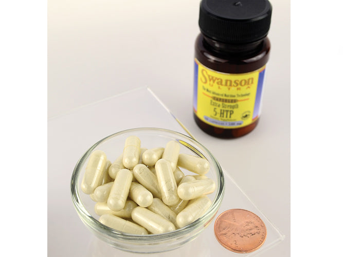Um frasco de Swanson 5-HTP Mood and Stress Support - 50 mg 60 capsules ao lado de um cêntimo.