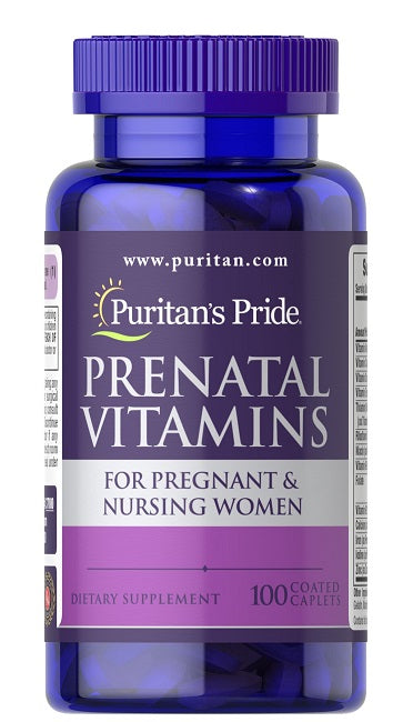 Puritan's Pride Vitaminas Pré-Natais 100 Cápsulas Revestidas concebidas para mulheres grávidas e lactantes, enriquecidas com ácido fólico.